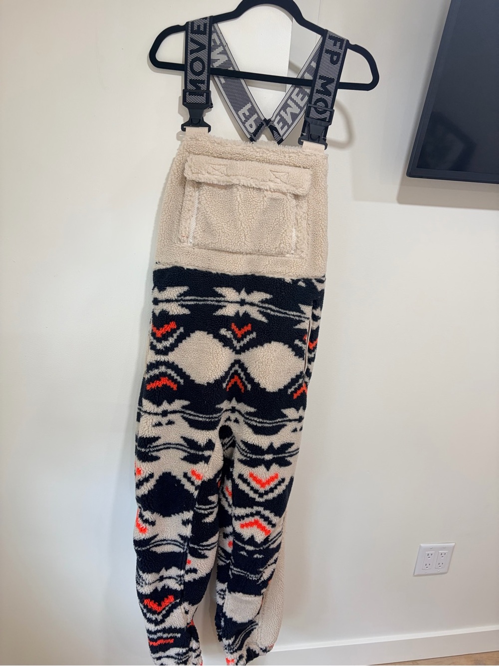 FP Movement Hit the slopes Cream, Black & Red Patterned Sherpa Overalls